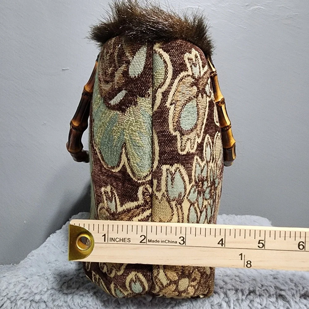 Tapestry Floral Purse Bamboo‎ Handle Brown Faux Fur Louise N.Y. Inc Bag NWT